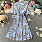 V-neck Floral Print Bell-sleeve Chiffon Dress Blue - One Size