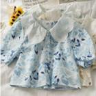 Eyelet Peter Pan-collar Printed Crop Shirt