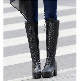 Chunky Heel Lace-up Knee-high Platform Boots