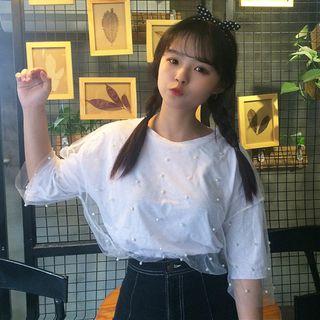 Beaded Mesh Overlay Elbow Sleeve T-shirt