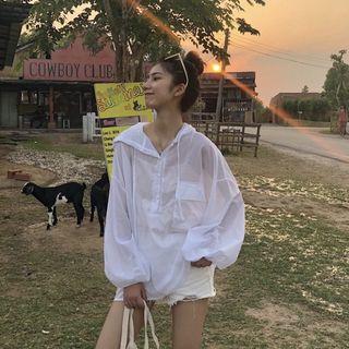 See-through Long-sleeve Hooded T-shirt White - One Size