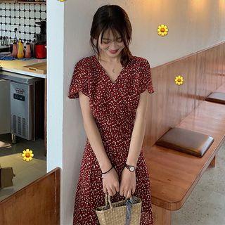Floral Short-sleeve A-line Dress Red - One Size