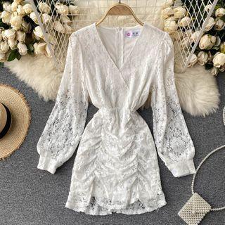 V-neck Puff-sleeve Lace Cutout Dress