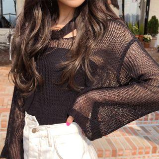 Slit-neck Dip-back Open-knit Top