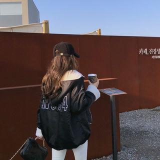 Letter-embroidered Fleece-lined Oversized Anorak Black - One Size