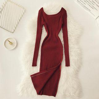 Long-sleeve Zip-side Sheath Knit Dress
