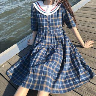 Sailor Collar Plaid Midi A-line Dress Navy Blue - One Size