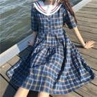 Sailor Collar Plaid Midi A-line Dress Navy Blue - One Size