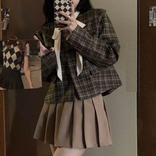 Plaid Blazer / Pleated Mini A-line Skirt