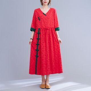 Elbow-sleeve Frog-button Midi A-line Dress