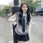 Long-sleeve Plain Shirt / Sweater Vest / Mini Pleated Skirt / Tie / Set