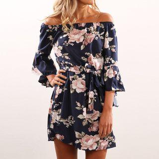 3/4-sleeve Off Shoulder Floral Chiffon Dress
