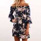3/4-sleeve Off Shoulder Floral Chiffon Dress