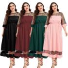 Plus Size 3/4-sleeve Lace Panel Midi A-line Dress