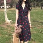 Short-sleeve Cherry Print Midi Wrap Dress