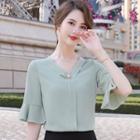 Elbow-sleeve Chiffon Blouse / A-line Skirt