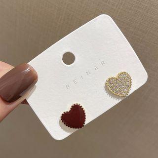 Heart Rhinestone Asymmetrical Alloy Earring A011 - 1 Pair - 925 Silver - Red & Gold - One Size