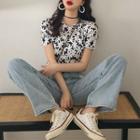 Floral Short-sleeve Crop Top / High-waist Wide-leg Jeans