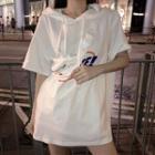 Elbow-sleeve Lettering Hooded Long T-shirt White - One Size