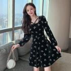 Puff-sleeve Butterfly Print A-line Velvet Dress