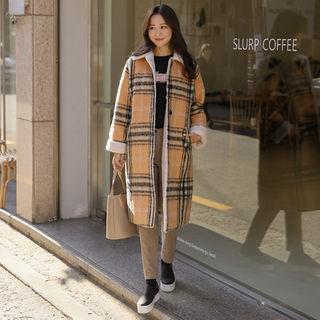 Fleece-trim Loose-fit Plaid Coat