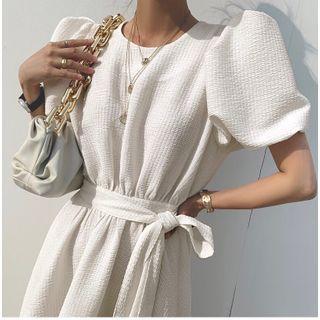Puff Short-sleeve Midi Dress With Sash
