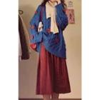Flower Applique Cable Knit Sweater / Midi A-line Skirt