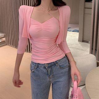 Set: Cropped Elbow-sleeve Cardigan + One-shoulder Camisole Cardiigan - Pink - One Size / Dress Pink - One Size