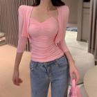 Set: Cropped Elbow-sleeve Cardigan + One-shoulder Camisole Cardiigan - Pink - One Size / Dress Pink - One Size
