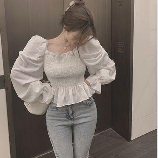 Puff Sleeve Square-neck Ruffle Blouse