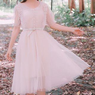 Frilled Trim Mesh Overlay Midi Dress With Slipdress
