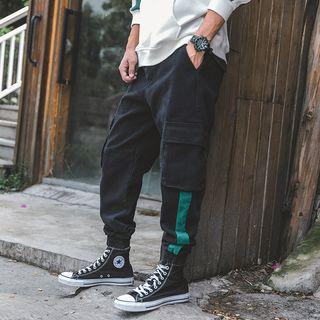 Contrast Trim Elastic-cuff Cargo Pants