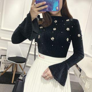 Embellished Bell-sleeve Velvet Top