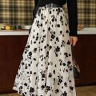 Floral Print Midi A-line Skirt Black Floral - White - One Size