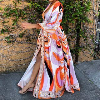 3/4-sleeve Printed Slit Maxi A-line Dress