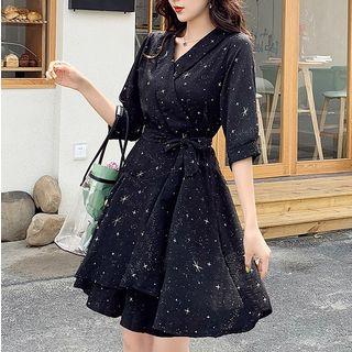 Star Print Tie-waist Elbow-sleeve A-line Dress