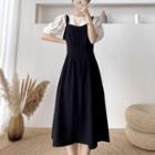 Set: Puff-sleeve Plain T-shirt + Midi A-line Overall Dress