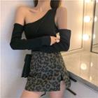 One Shoulder Long-sleeve Slim-fit Top / Leopard Skirt
