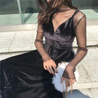 Set: See-through Mesh Top + V-neck Slipdress