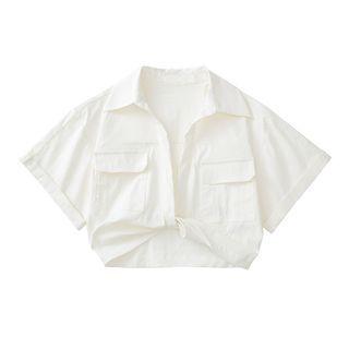 V-neck Plain Knotted Crop Shirt