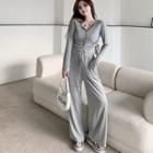 Long-sleeve Button-up Drawstring Crop Top / Wide Leg Sweatpants