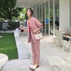 Set: Elbow-sleeve Blazer + Straight-cut Cropped Dress Pants