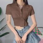 Short Sleeve Pocket Plain Crop Shirt