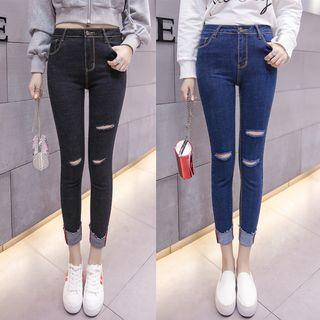 High Waist Cuff-hem Ripped Skinny Jeans