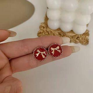 Bow Disc Alloy Earring 1 Pair - S925 Silver Needle - Red - One Size