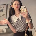 Short-sleeve Plaid Double-breasted Blouse Black & White - One Size
