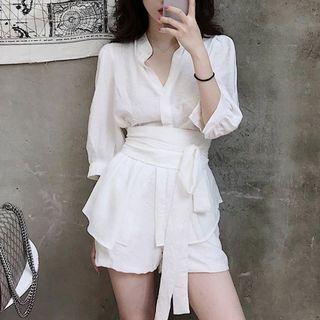 Set: Stand Collar Tie-waist Blouse + Shorts