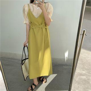 Mock Two-piece Tie-waist Midi A-line Dress