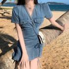 Short-sleeve Denim Drawstring Mini Sheath Dress