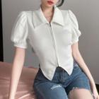 Puff-sleeve Zip-up Ribbed Polo Shirt